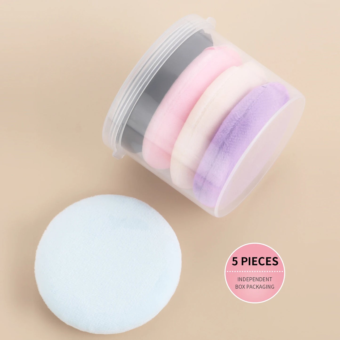 Powder Puff, 5pcs/box soft round sponge powder puff double-side skin-friendly velvet makeup powder puff tape case