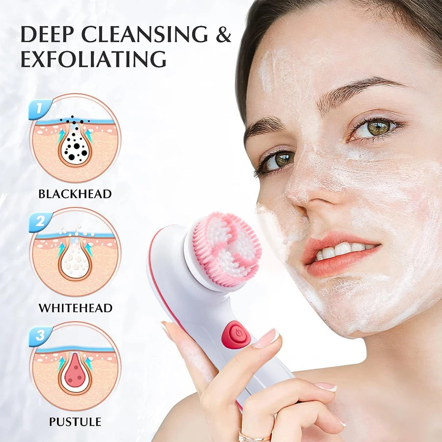 4 in 1 Face Exfoliating Electric Facial Cleaner Silicone Scrub Pore Cleaner Spin Sonic Facial Cleansing Brush